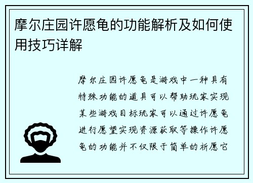 摩尔庄园许愿龟的功能解析及如何使用技巧详解